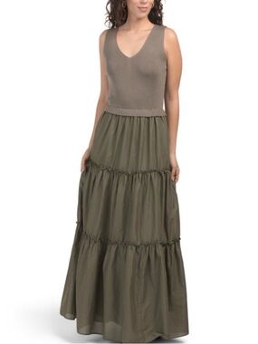 Taylor Olive Green Tiered Maxi Dress with Knit Bodice